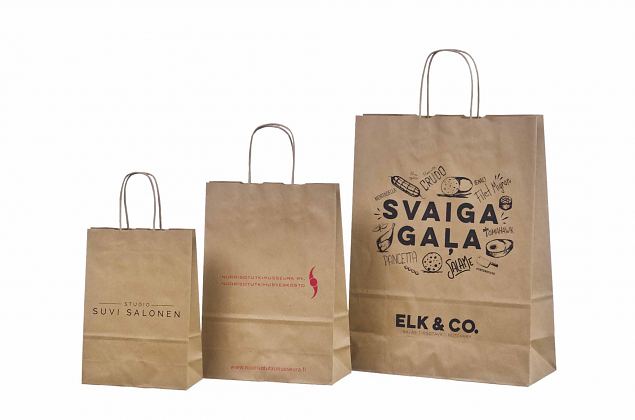 ekologisk papperskasse med tvinnade handtag och logotyp 